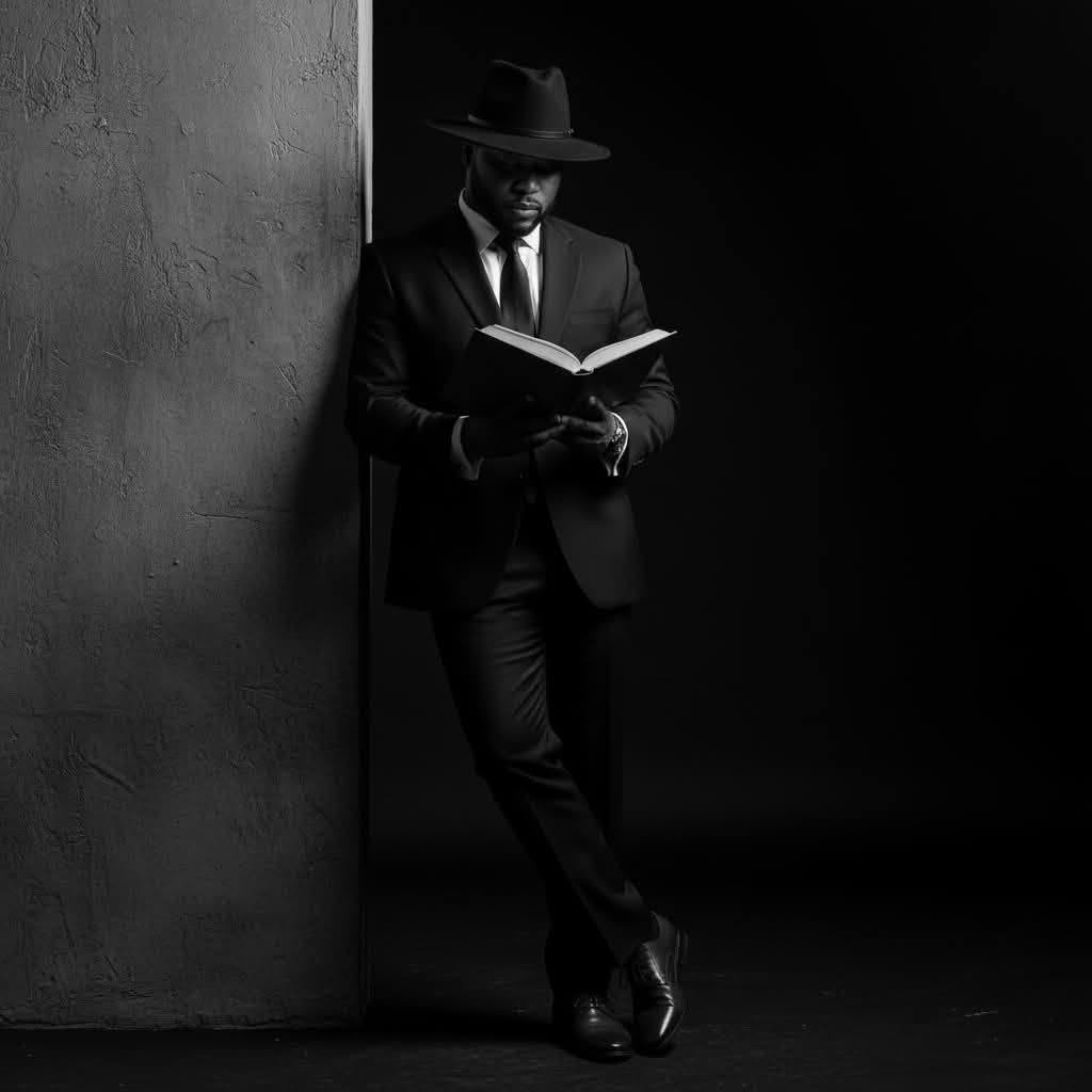 Navi' Robins reading a book in a black suit and hat